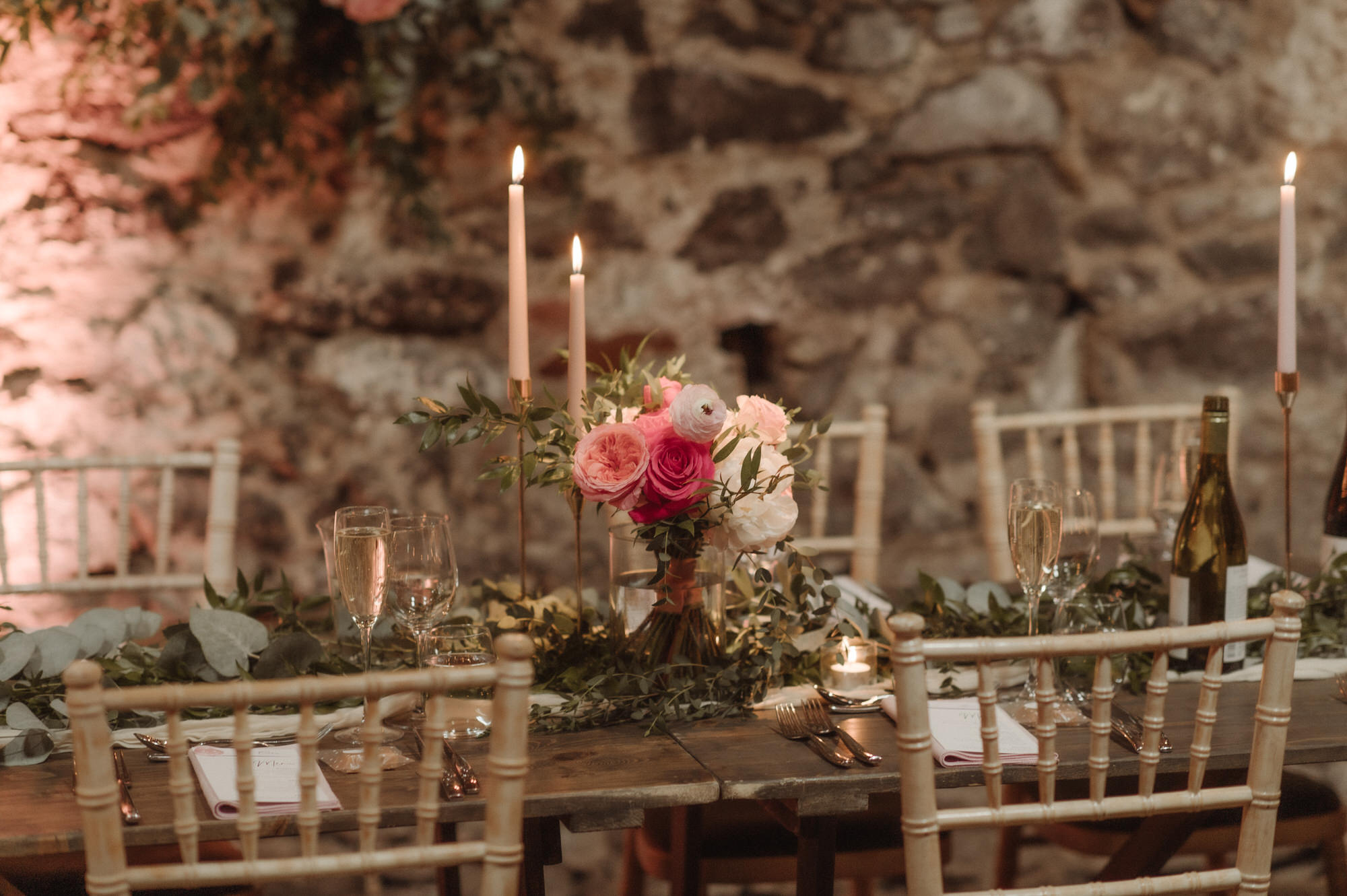 Stunning, candlelit table arrangement by Platter and Pop at the Byre at Inchyra.