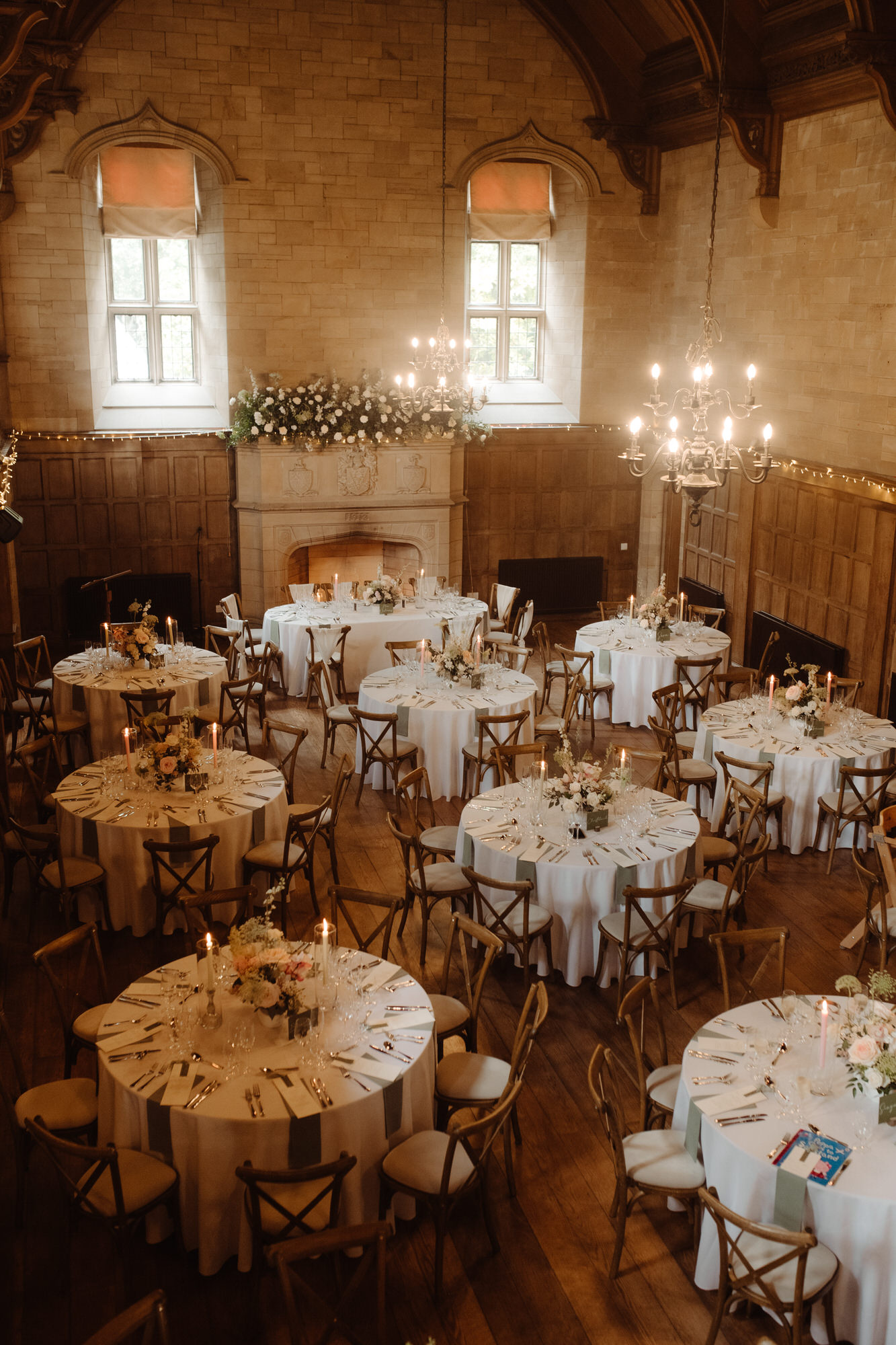 Dinner set up in green and pastel florals at Achnagairn Castle.