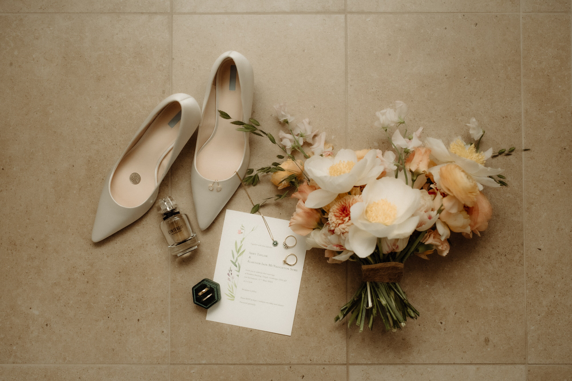 Lay flat bridal flowers, bouquet and perfume at Rosebery Steading.