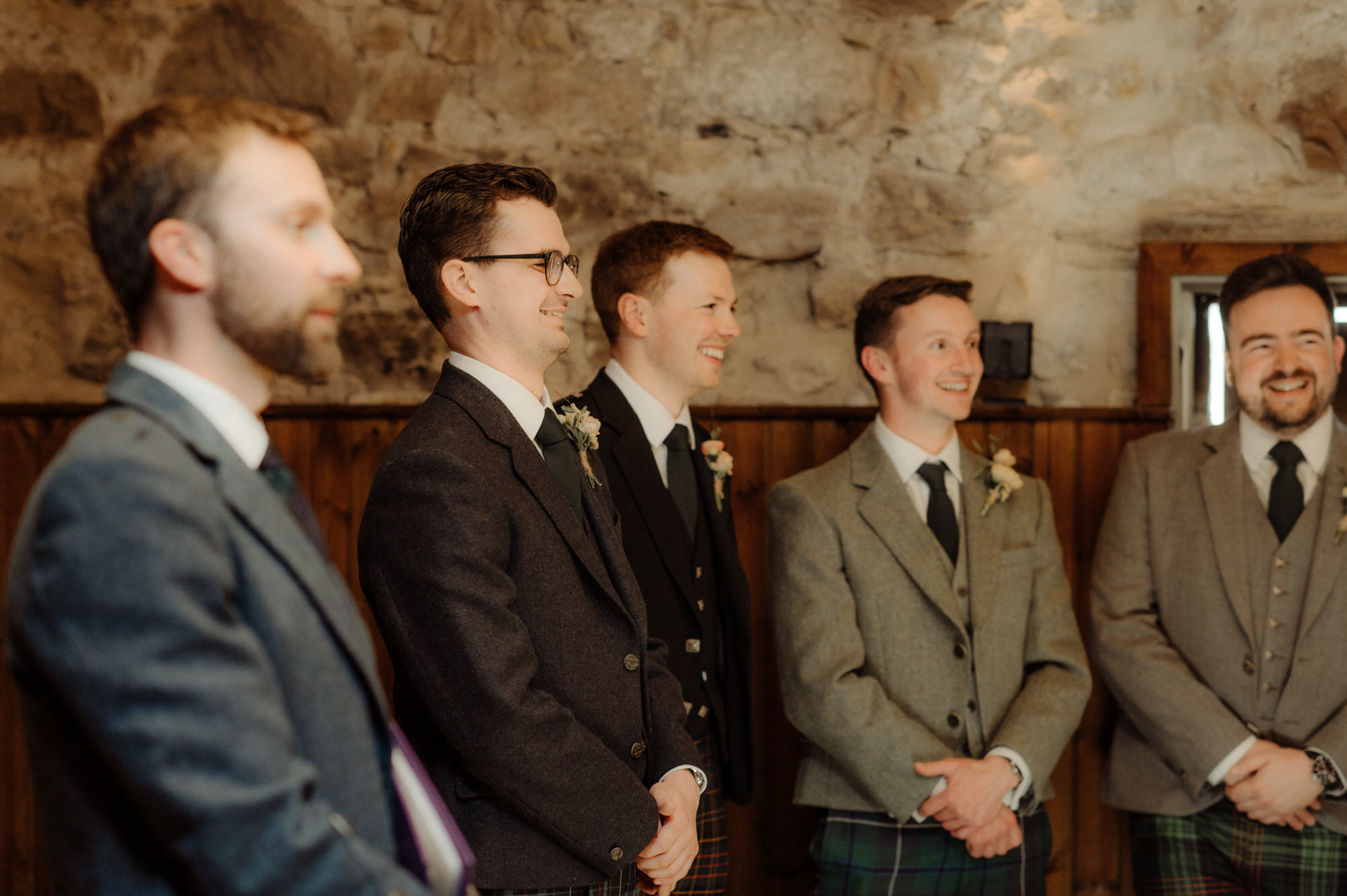 Groom waits for the bride at Rosebery Steading wedding venue.