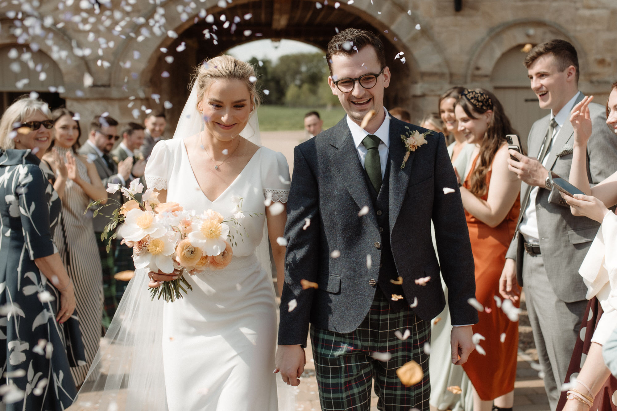 Confetti throw at Rosebery Steading wedding venue.