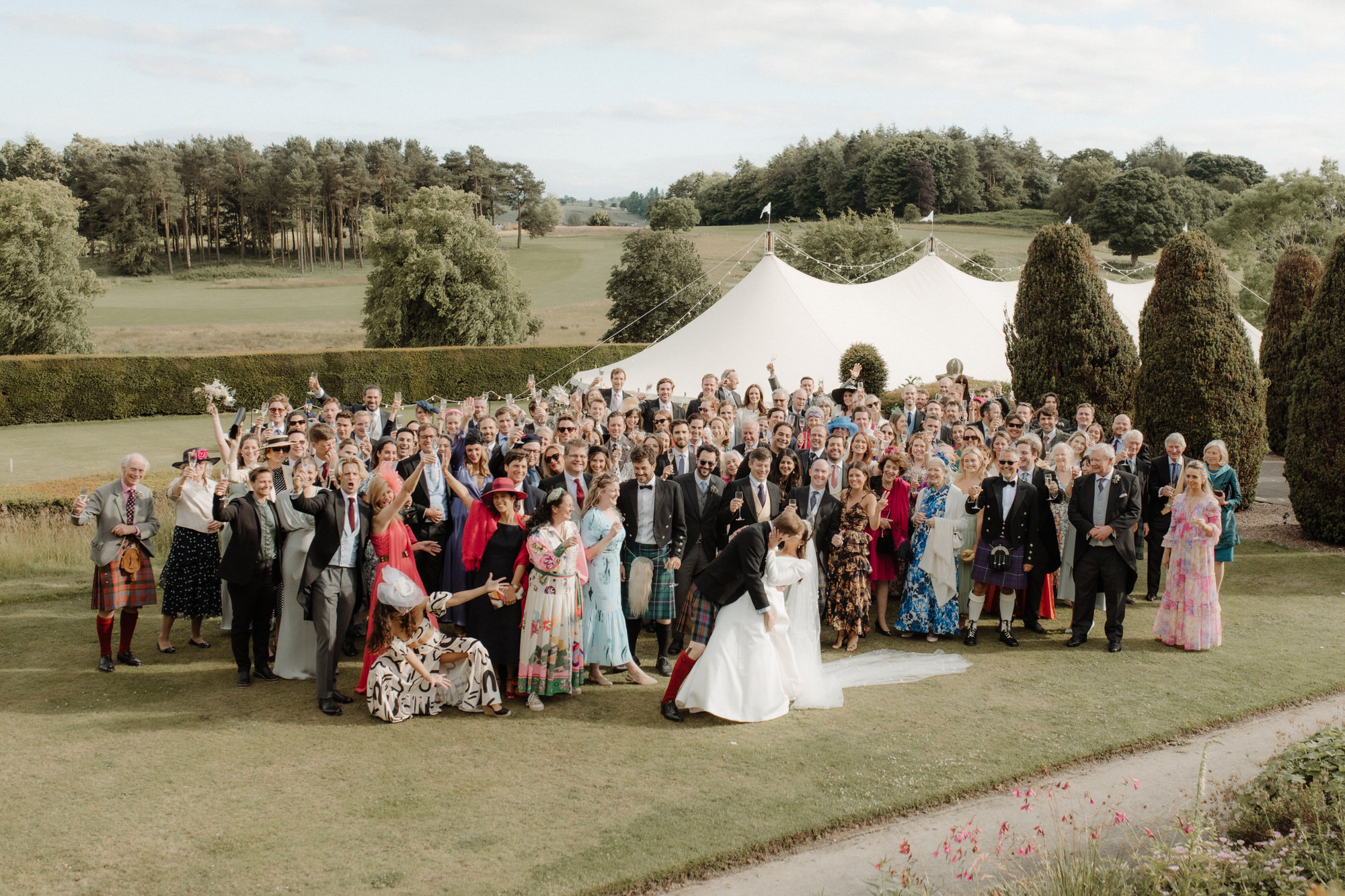 Hill of Tarvit wedding party celebrate with group shot